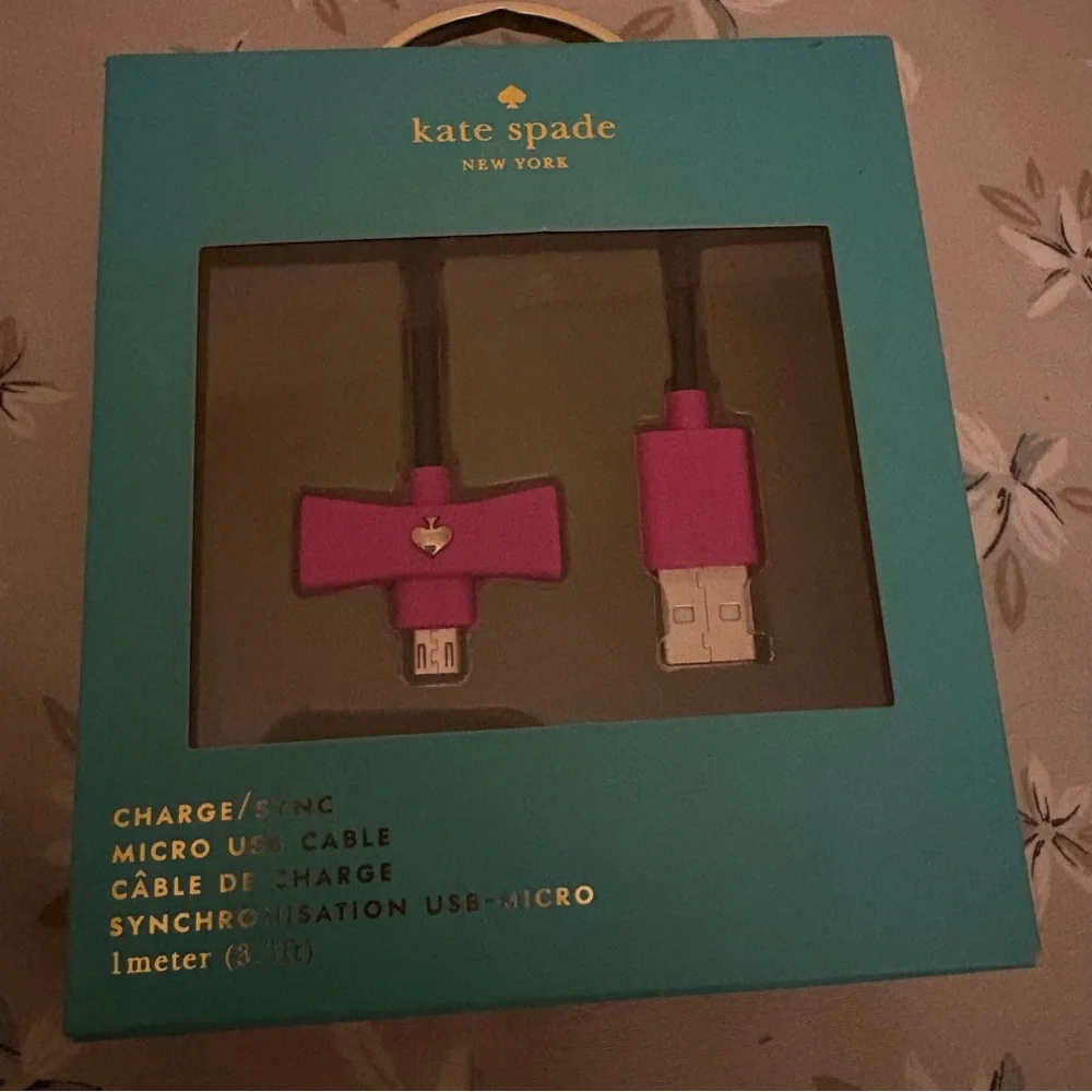 Kate Spade New York Bow Micro USB Cable 3.3 ft Charge & Sync Pink Black NIB